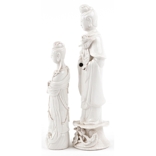 299 - A Chinese porcelain blanc-de-chine figure of Guanyin, 20th century, modelled with a lady holding a l... 