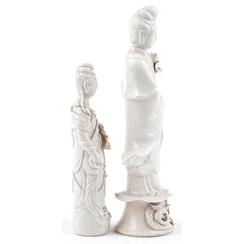 299 - A Chinese porcelain blanc-de-chine figure of Guanyin, 20th century, modelled with a lady holding a l... 