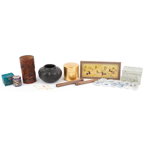 1069 - A mixed group of Asian items including a Chinese stoneware teapot, a Chinese bamboo brush pot, a thr... 