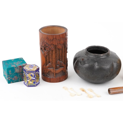 1069 - A mixed group of Asian items including a Chinese stoneware teapot, a Chinese bamboo brush pot, a thr... 