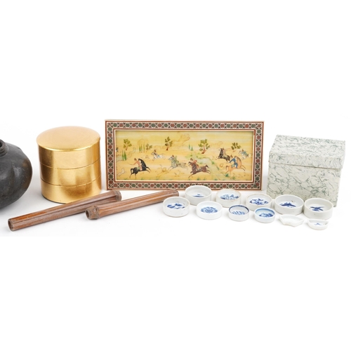 1069 - A mixed group of Asian items including a Chinese stoneware teapot, a Chinese bamboo brush pot, a thr... 