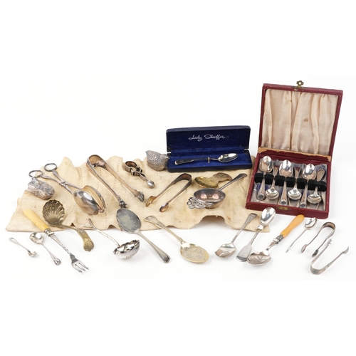 1070 - Victorian and later silver and silverplate including salad servers, straining spoon, trinket pots in... 