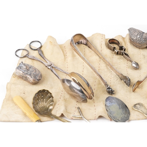 1070 - Victorian and later silver and silverplate including salad servers, straining spoon, trinket pots in... 