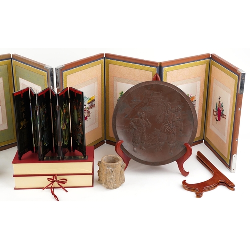 1119 - A group of Chinese and Japanese sundry items including embroidered table screens, lacquered table sc... 