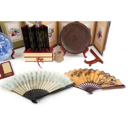 1119 - A group of Chinese and Japanese sundry items including embroidered table screens, lacquered table sc... 