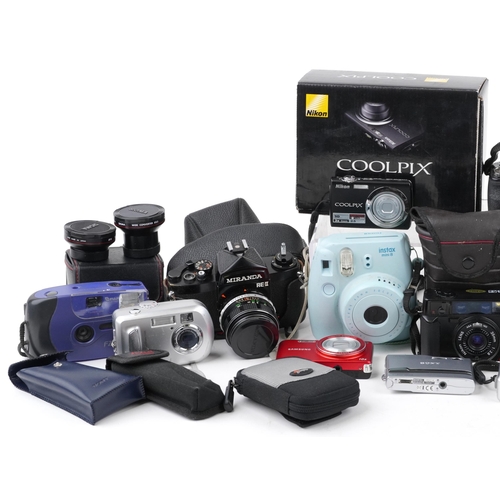 1012 - Vintage and later cameras, lenses, accessories and binoculars including Miranda REII, Panasonic Lumi... 