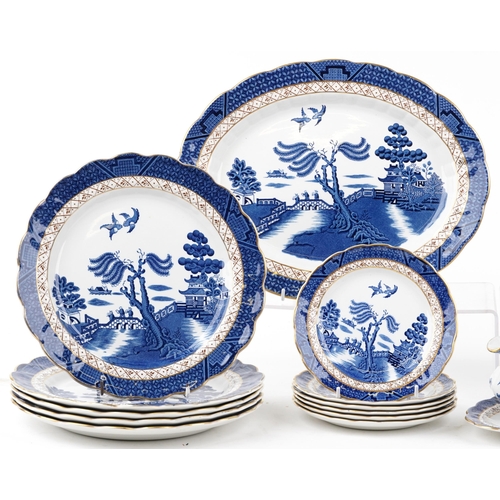 1123 - Booth's Real Old Willow dinnerware including meat plate, dinner plates and sauce boat, pattern A8025... 