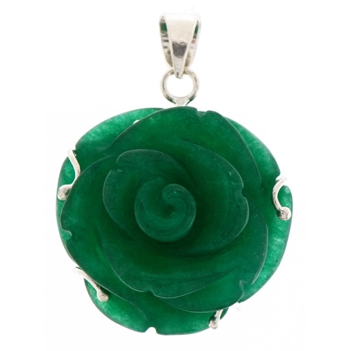 3658 - A silver mounted Chinese green jade rose head pendant, 3.5cm high, 17.8g.