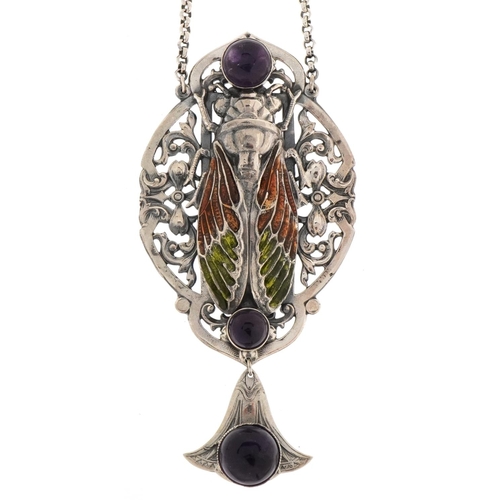 3472 - An Art Nouveau style sterling silver and enamel necklace in the form of a winged insect set with ame... 