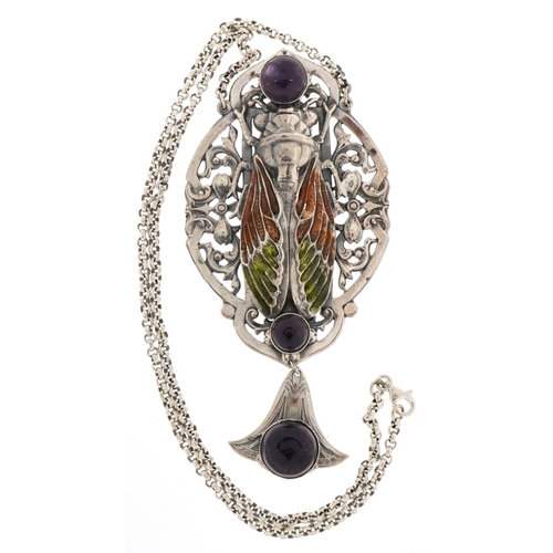 3472 - An Art Nouveau style sterling silver and enamel necklace in the form of a winged insect set with ame... 