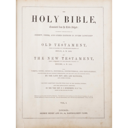 2353 - A Holy Bible, Haydock's Edition circa 1850, with engraved leaves, leather bound, 26cm wide.