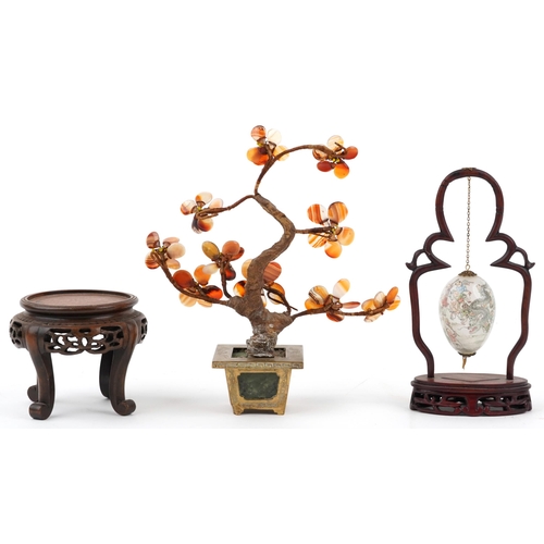 1107 - A Chinese gilt bronze and polished hardstone prunus bonsai tree, the base with inset spinach jade pa... 