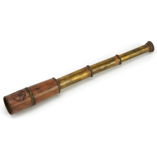 1098 - An early 20th century style brass and leather bound three draw telescope, detailed Henry Barrow & Co... 