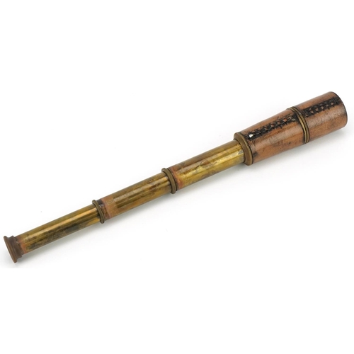 1098 - An early 20th century style brass and leather bound three draw telescope, detailed Henry Barrow & Co... 