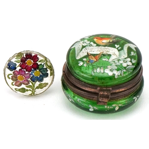 271 - A 19th century French green glass and enamelled pillbox decorated with birds and insects, with a gil... 