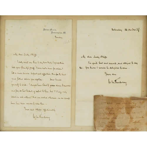 2250 - Of William Thackeray interest. Two mid 19th century hand written letters to Lady Olliffe circa 1863,... 