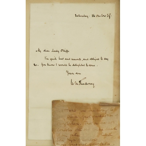 2250 - Of William Thackeray interest. Two mid 19th century hand written letters to Lady Olliffe circa 1863,... 