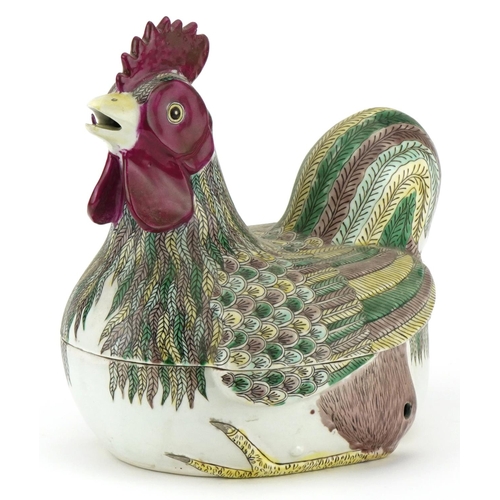 420 - A Chinese export porcelain chicken bowl and cover, 20th century, 25cm high x 25cm in length.