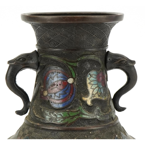 143 - A Chinese bronze archaistic style vase, 19th century, with enamelled decoration and opposing mask ha... 