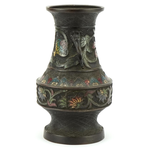 143 - A Chinese bronze archaistic style vase, 19th century, with enamelled decoration and opposing mask ha... 