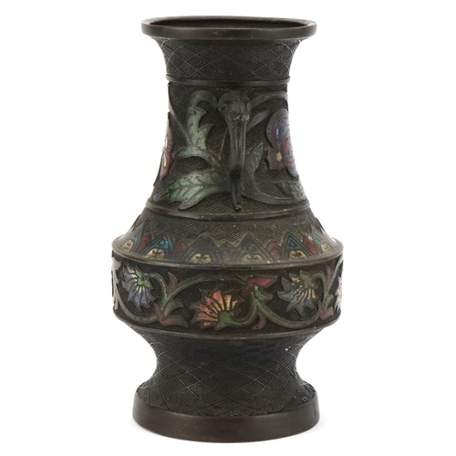 143 - A Chinese bronze archaistic style vase, 19th century, with enamelled decoration and opposing mask ha... 