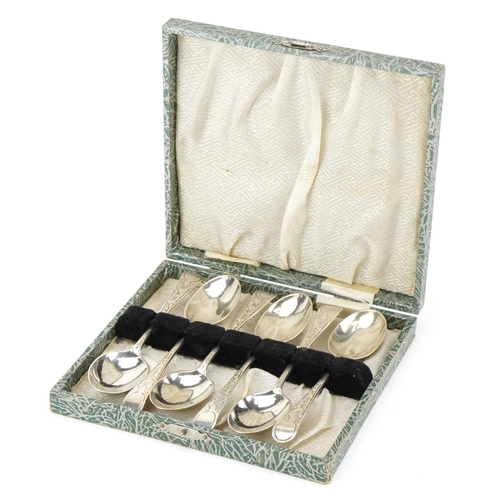 584 - Lawson & Co., set of six Edwardian silver teaspoons with floral engraved handles, Sheffield 1903, 12... 