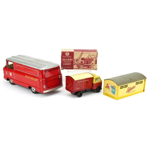 1331 - A mid 20th century Schuco tinplate garage, model number 1500, together with a Japanese tinplate post... 