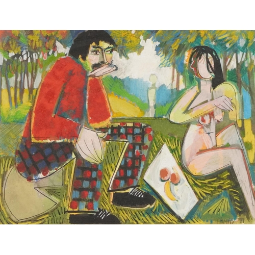 1586 - Thomas - Picnic, late 20th century British school mixed media on paper, signed and dated '81, framed... 