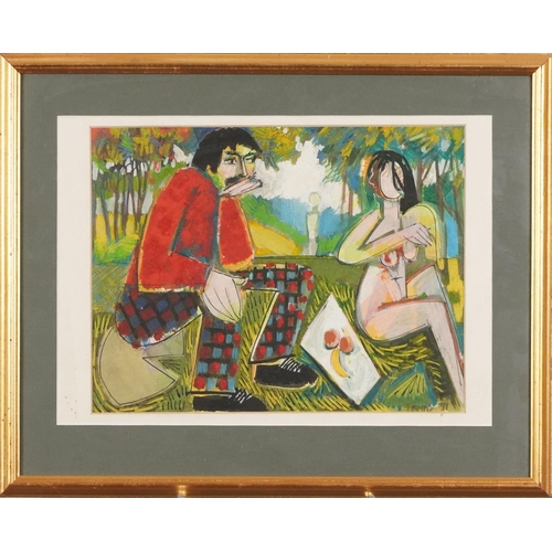 1586 - Thomas - Picnic, late 20th century British school mixed media on paper, signed and dated '81, framed... 