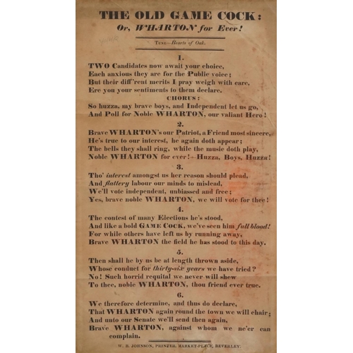 2273A - A Victorian 'The Old Game Cock: Wharton For Ever!' printed song sheet, framed, 30cm x 17cm, together... 