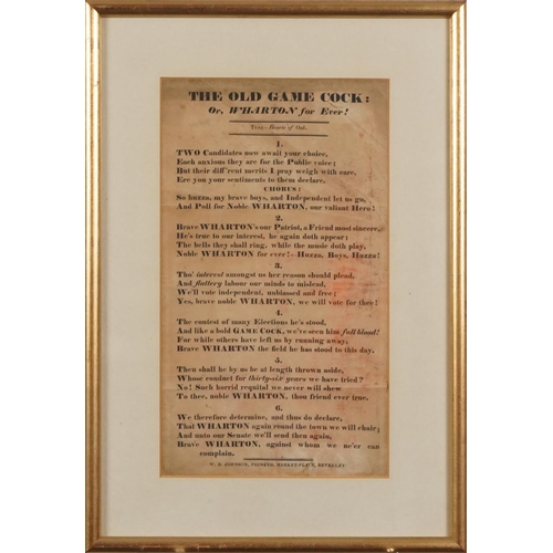 2273A - A Victorian 'The Old Game Cock: Wharton For Ever!' printed song sheet, framed, 30cm x 17cm, together... 