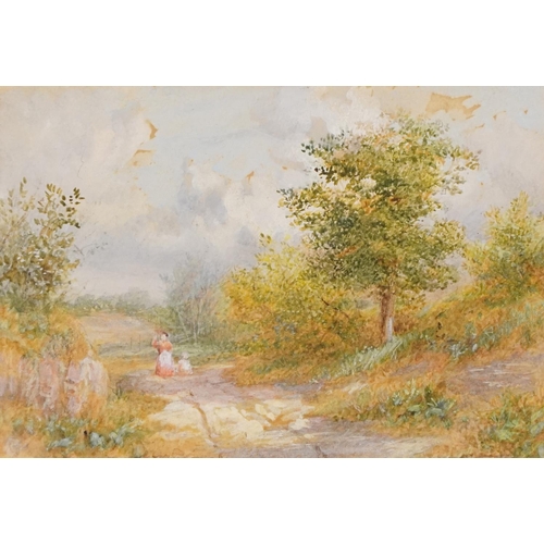 1639 - Country lane with figures, 19th century British school watercolour on paper, unsigned, framed, 11cm ... 