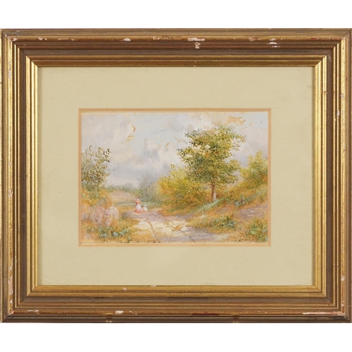 1639 - Country lane with figures, 19th century British school watercolour on paper, unsigned, framed, 11cm ... 