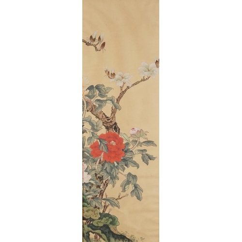 354 - A set of four Chinese watercolours on silk, 20th century, storks amongst foliage, bearing character ... 