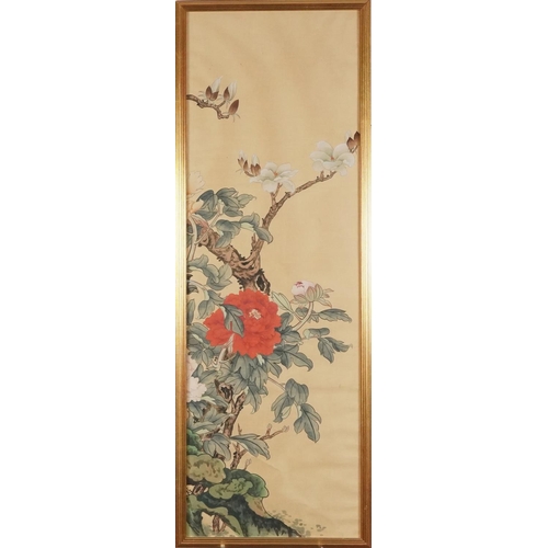 354 - A set of four Chinese watercolours on silk, 20th century, storks amongst foliage, bearing character ... 