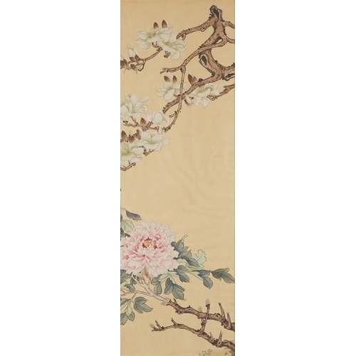 354 - A set of four Chinese watercolours on silk, 20th century, storks amongst foliage, bearing character ... 