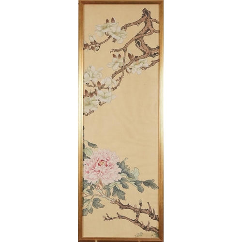 354 - A set of four Chinese watercolours on silk, 20th century, storks amongst foliage, bearing character ... 