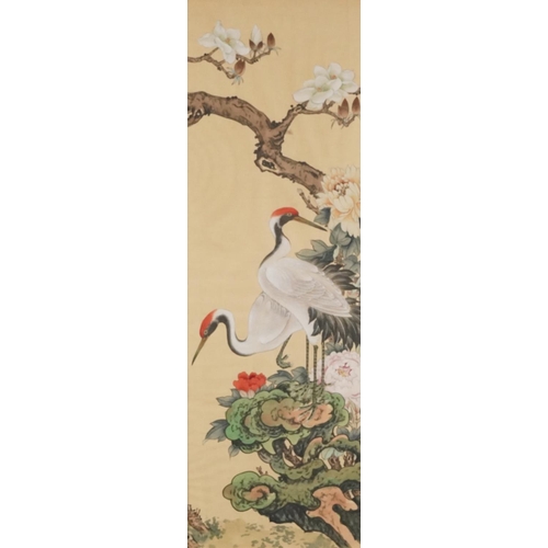 354 - A set of four Chinese watercolours on silk, 20th century, storks amongst foliage, bearing character ... 