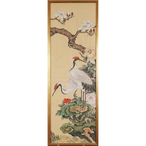 354 - A set of four Chinese watercolours on silk, 20th century, storks amongst foliage, bearing character ... 