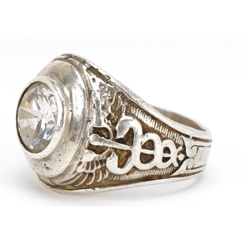 3132 - A silver 1950 college design ring set with a clear stone, London 1987, size Y, 15.4g.