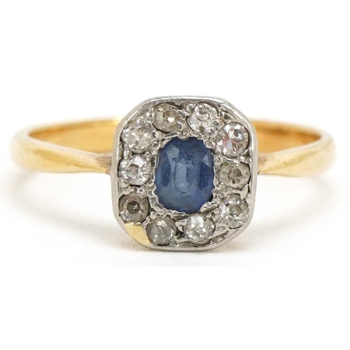 3087 - An Art Deco unmarked gold sapphire and diamond cluster ring, size L/M, 2.2g.