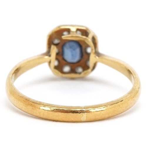 3087 - An Art Deco unmarked gold sapphire and diamond cluster ring, size L/M, 2.2g.