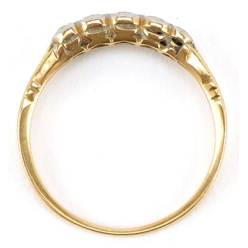 3128 - An 18ct gold graduated diamond five stone ring, size O, 1.7g.