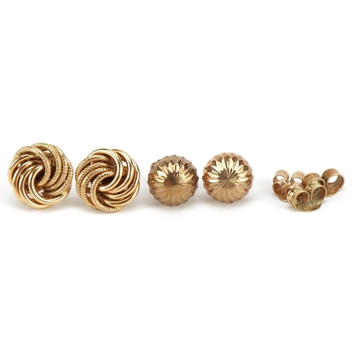 3507 - Two pairs of 9ct gold stud earrings and four 9ct gold butterfly backs, the largest 10mm in diameter,... 