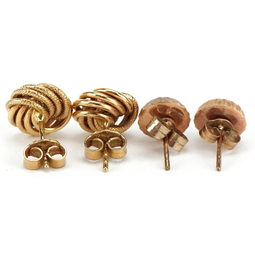 3507 - Two pairs of 9ct gold stud earrings and four 9ct gold butterfly backs, the largest 10mm in diameter,... 