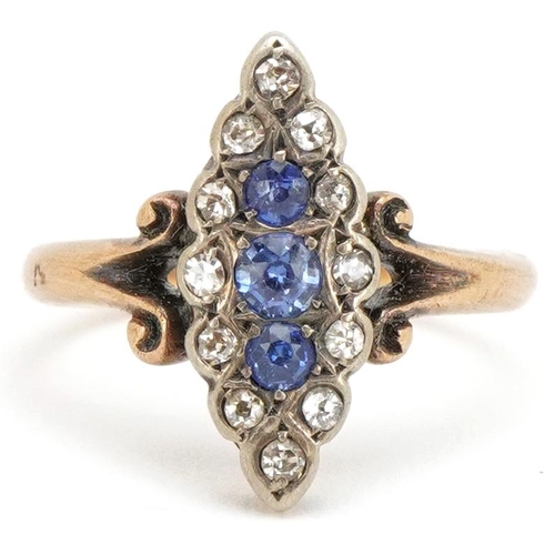 3060 - An antique 18ct gold sapphire and diamond marquis ring with scrolled shoulders, size M, 3.7g, housed... 