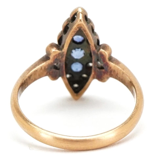 3060 - An antique 18ct gold sapphire and diamond marquis ring with scrolled shoulders, size M, 3.7g, housed... 