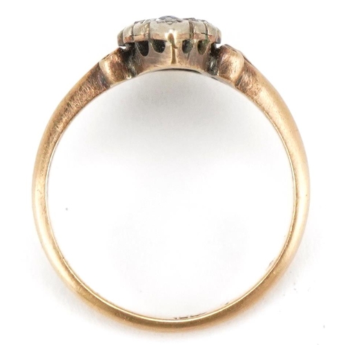 3060 - An antique 18ct gold sapphire and diamond marquis ring with scrolled shoulders, size M, 3.7g, housed... 