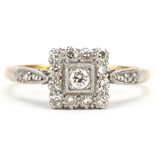 3030 - An Art Deco style 18ct gold and platinum diamond square cluster ring, size O/P, 3.5g, housed in a W ... 