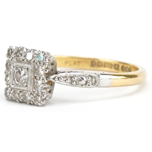 3030 - An Art Deco style 18ct gold and platinum diamond square cluster ring, size O/P, 3.5g, housed in a W ... 